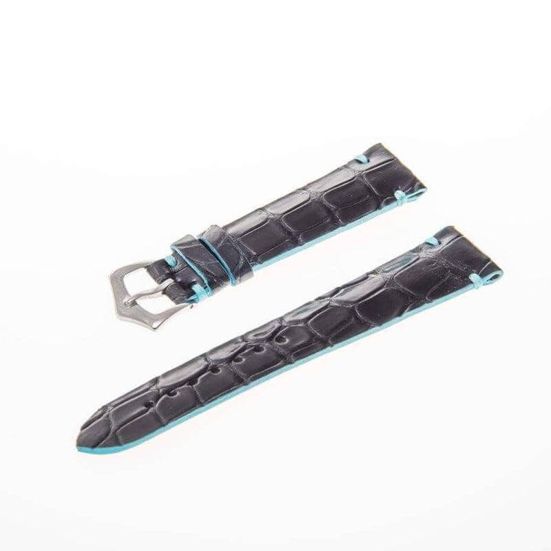 Black Genuine Alligator Watch Strap Light Blue Borders