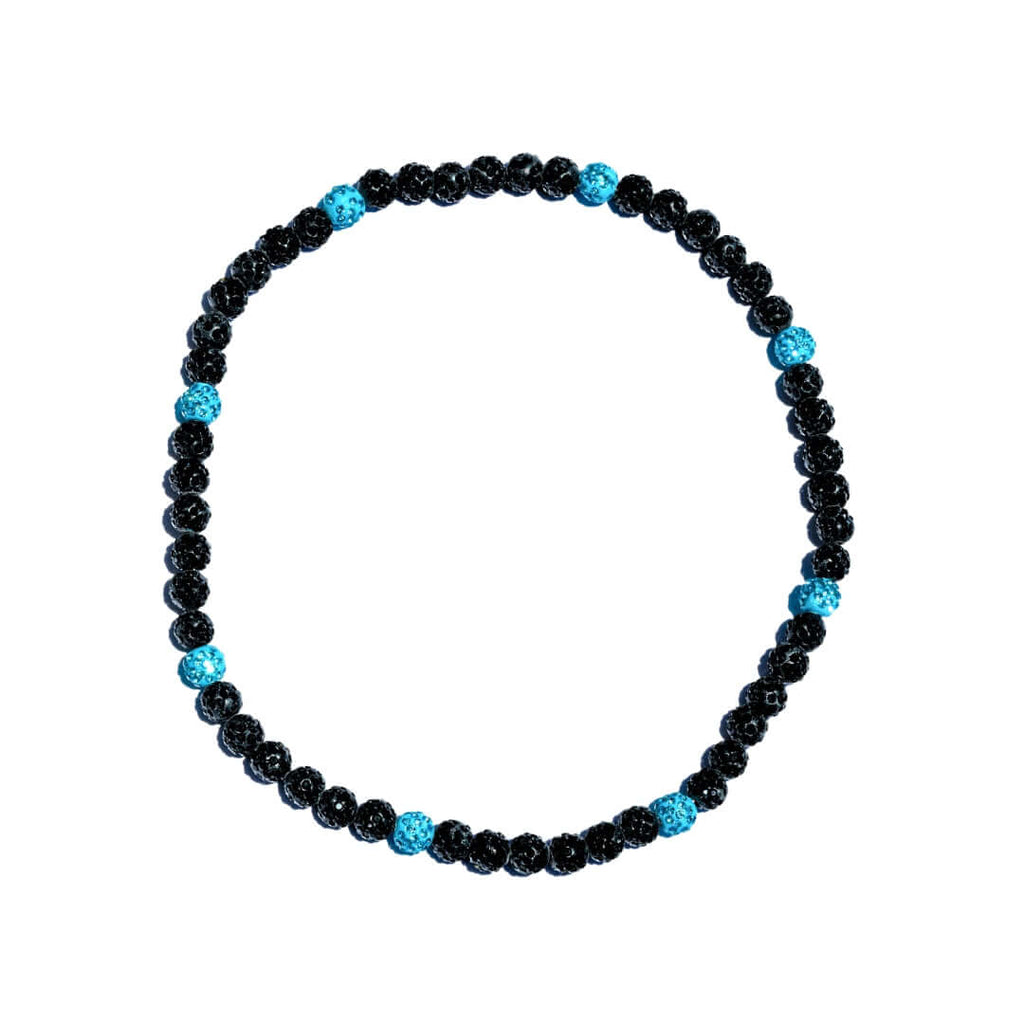 Black Skyline Iced Out Baseball Bead Necklace | Black & Baby Blue