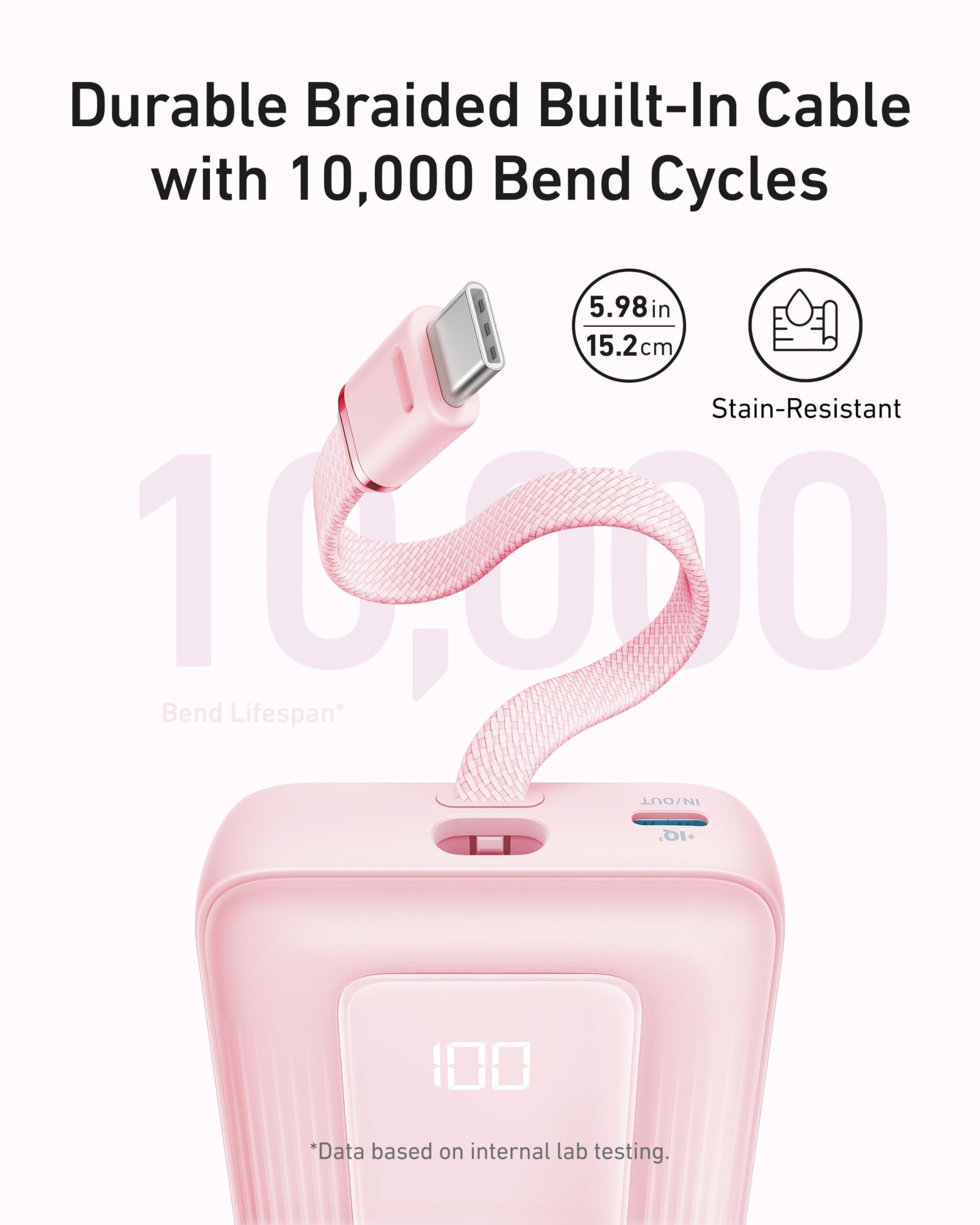 Anker Zolo Power Bank (10K, 30W) with a 5.4-inch (13.7 cm) built-in USB-C cable.