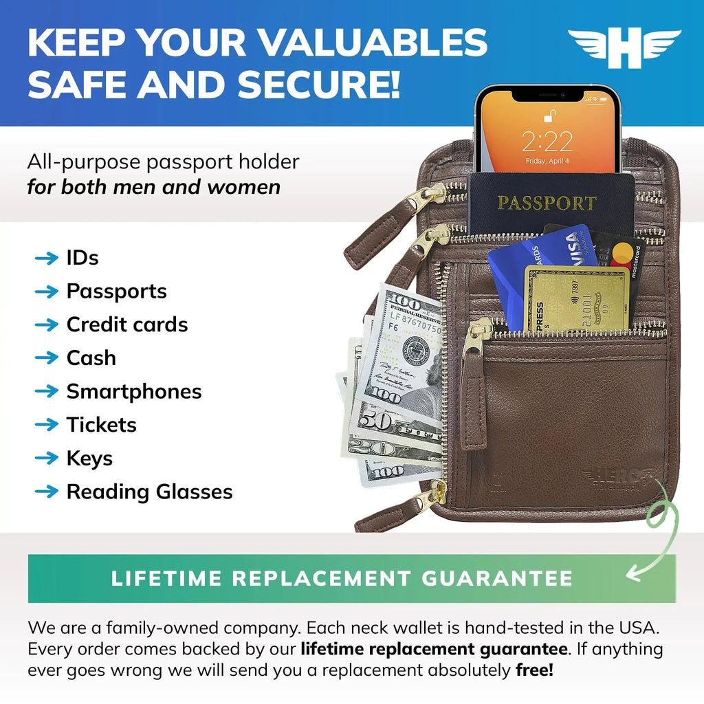 Brown HERO Neck Wallet | RFID Blocking Passport Holder & Travel Pouch