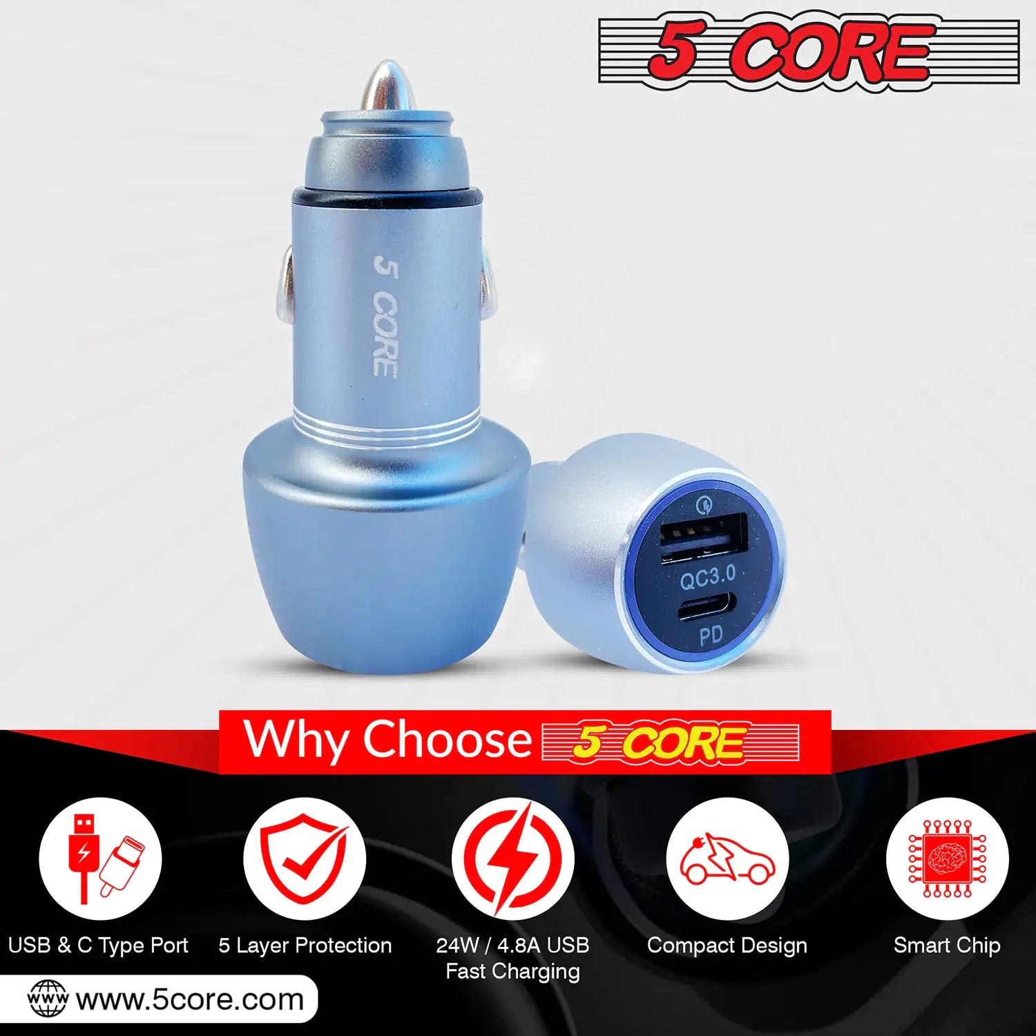5Core USB Car Charger 36W Type C Cigarette Lighter Adapter Outlet Fast Charging