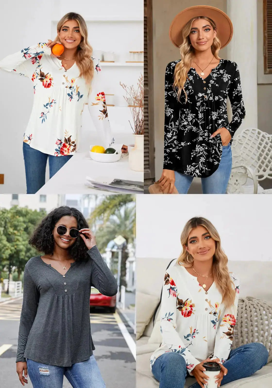 CATHY Womens Long Sleeve Tunic Tops | Henley Shirt V-neck Button Down Blouse