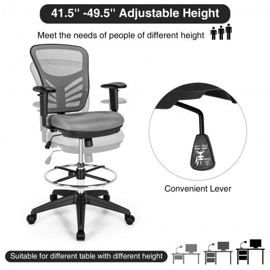 Mesh Drafting Chair Office Chair with Adjustable Armrests and Foot-Ring-Black