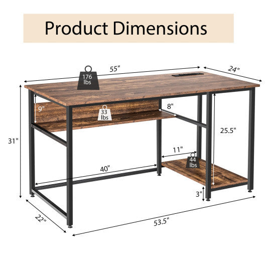 55 Inch Computer Desk with 4 Power Outlets and CPU Stand-Black