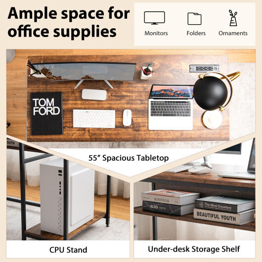 55 Inch Computer Desk with 4 Power Outlets and CPU Stand-Black
