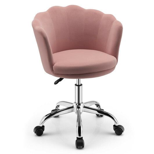 Adjustable Vanity Velvet Chair with Seashell Back and Wheels-Pink
