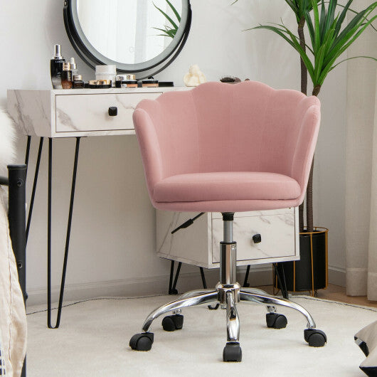 Adjustable Vanity Velvet Chair with Seashell Back and Wheels-Pink