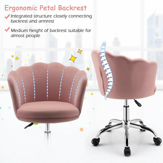 Adjustable Vanity Velvet Chair with Seashell Back and Wheels-Pink