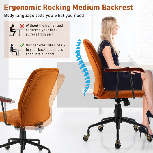 Velvet Home Office Chair with Wooden Armrest Green