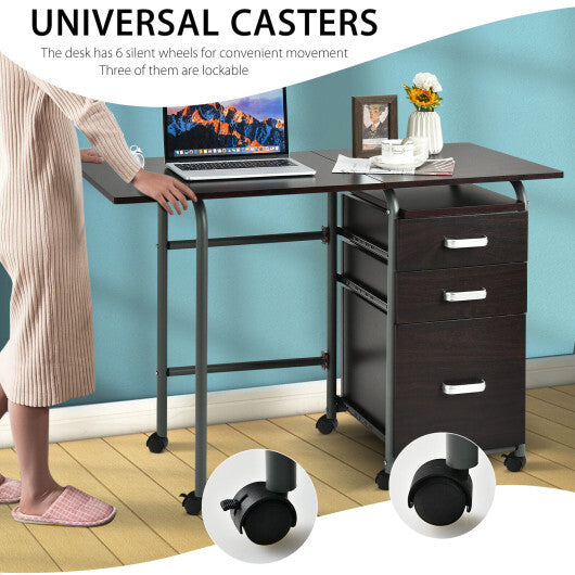 Folding Computer Laptop Desk Wheeled Home Office Furniture-Brown