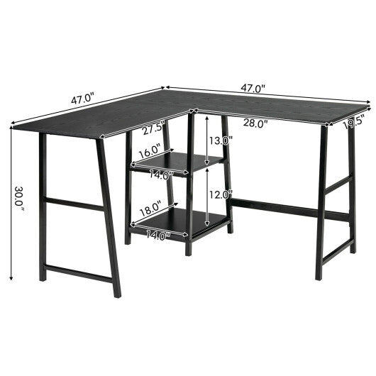 L Shaped Corner Computer Desk with Storage Shelves-Brown