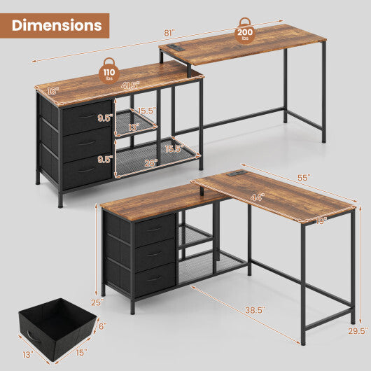 L-shaped Computer Desk with Power Outlet for Working Studying Gaming-Black