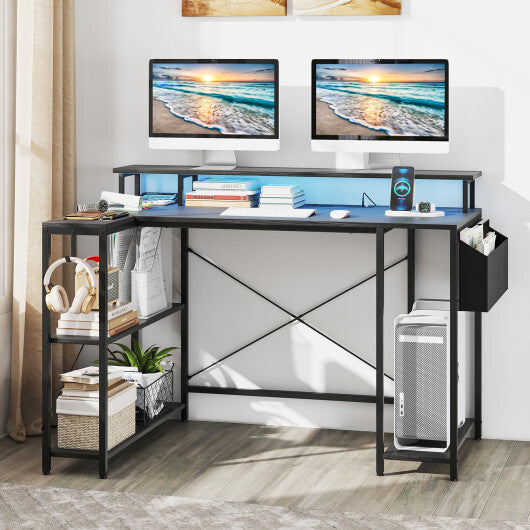 L-Shaped Gaming Desk with LED Lights and Power Outlets-Rustic Brown