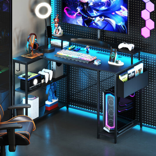 L-Shaped Gaming Desk with LED Lights and Power Outlets-Rustic Brown