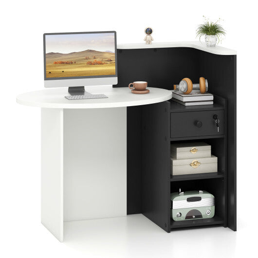 Front Reception Office Desk with Open Shelf and Drawer-Brown & White