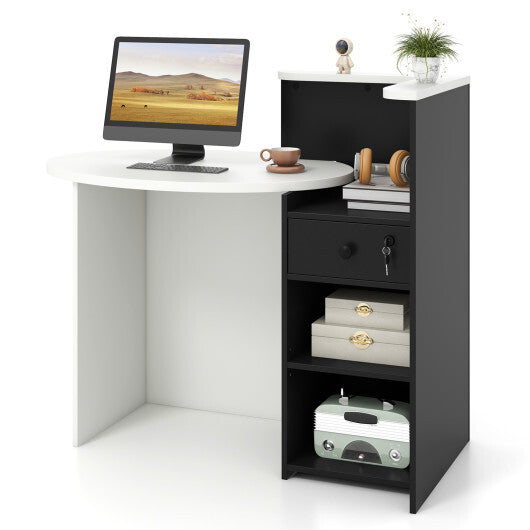 Front Reception Office Desk with Open Shelf and Drawer-Brown & White
