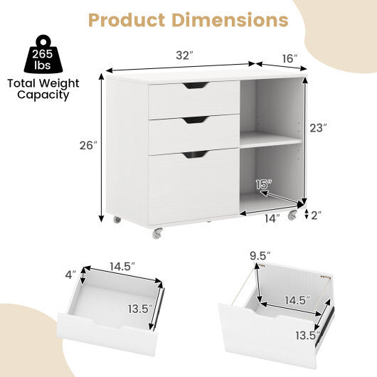 3-Drawer File Cabinet with Adjustable Shelf and Wheels for Letter-Rustic Brown