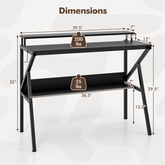 Space Saving Computer Desk with Monitor Stand and Extra Storage Shelf for Work Study-Black