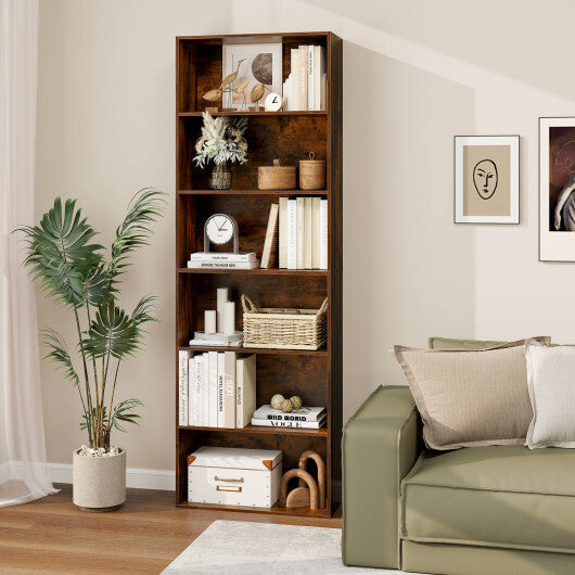 6-Tier Bookcase with 6 Open Shelves and Anti-Toppling Kits-Rustic Brown