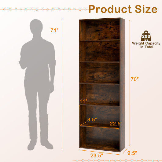 6-Tier Bookcase with 6 Open Shelves and Anti-Toppling Kits-Rustic Brown