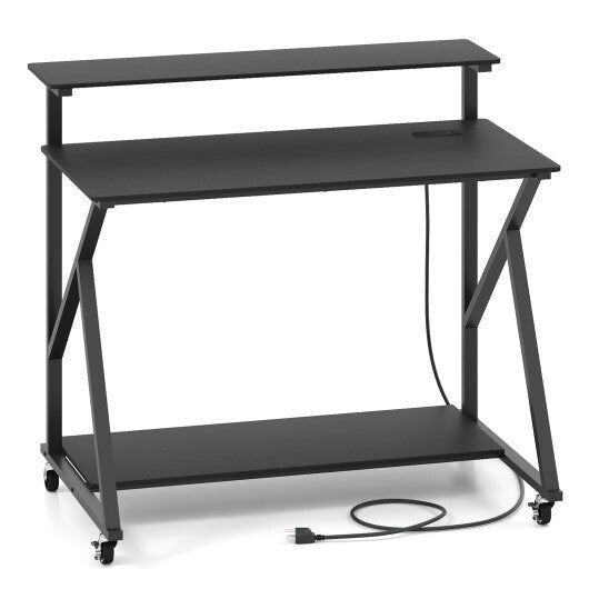 Rolling Computer Desk with Charging Station and Monitor Shelf Storage for Home Office-Rustic Brown