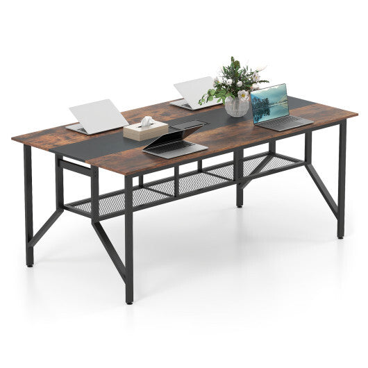 Rectangular Meeting Table with Mesh Storage Shelf and Cable Grommet-Rustic Brown