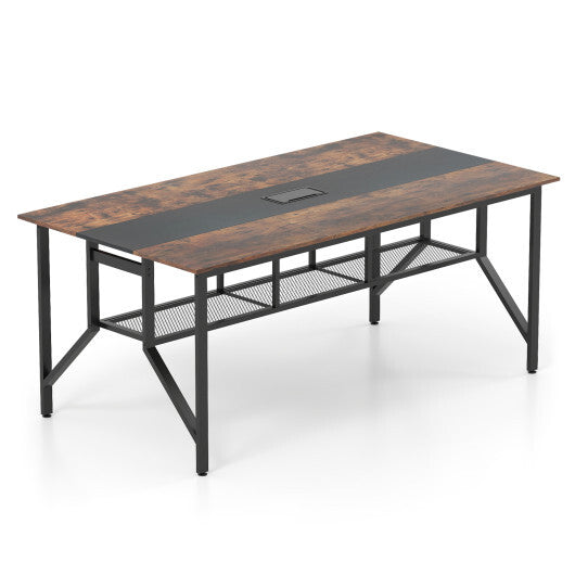 Rectangular Meeting Table with Mesh Storage Shelf and Cable Grommet-Rustic Brown