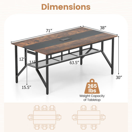 Rectangular Meeting Table with Mesh Storage Shelf and Cable Grommet-Rustic Brown