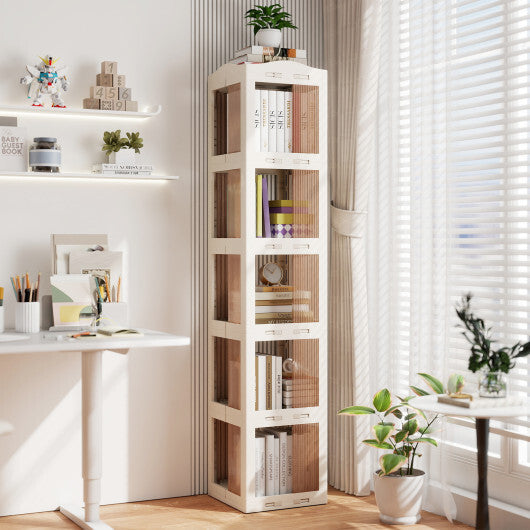 5-Tier Foldable Rotating Bookshelf 360 Spinning Bookcase with Swivel Base-White