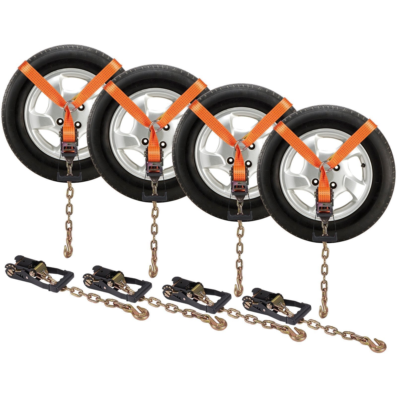 Car Tie Down with Chain Anchors, Lasso Style 2"120" Tire Straps, 5865 LBS Working Load, 11023 LBS Breaking Strength, with Heavy Duty Ratchets for Passenger Car, ATV, SUV, UTV, Truck, 4-Pack