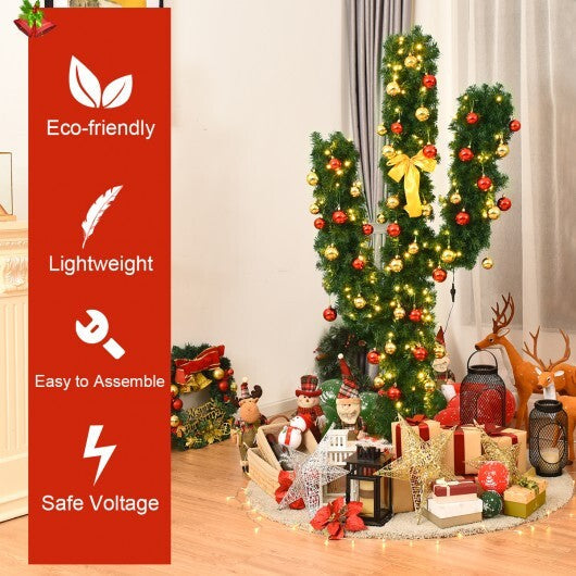 6 Feet Artificial Cactus PVC Christmas Tree with LED Lights and Ball Ornaments-6 ft