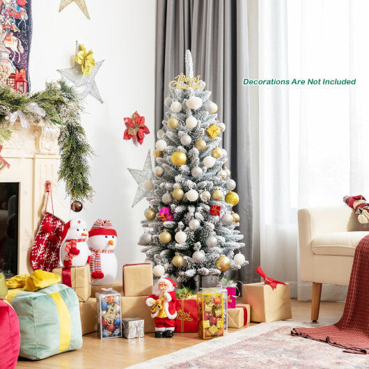 Snow-Flocked Hinged Artificial Christmas Pencil Tree with Mixed Tips-7.5 ft