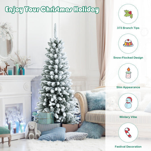 Snow-Flocked Hinged Artificial Christmas Pencil Tree with Mixed Tips-7.5 ft