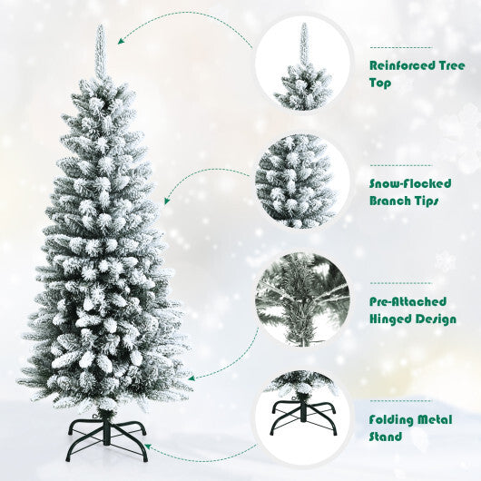 Snow-Flocked Hinged Artificial Christmas Pencil Tree with Mixed Tips-7.5 ft