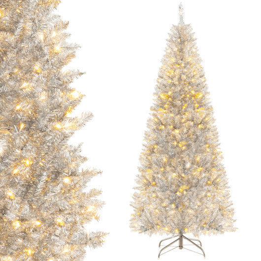 6/7 FT Pre-Lit Artificial Silver Tinsel Xmas Tree with 790 Branch Tips and 300 LED Lights-6 ft
