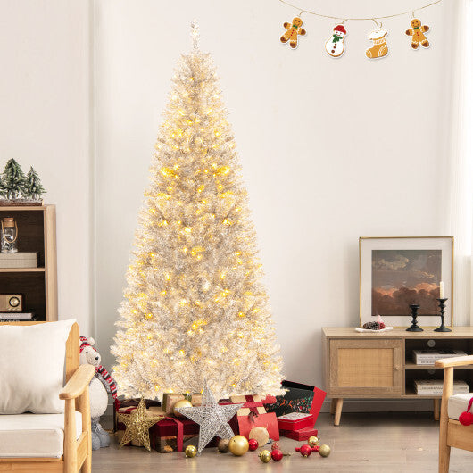 6/7 FT Pre-Lit Artificial Silver Tinsel Xmas Tree with 790 Branch Tips and 300 LED Lights-6 ft
