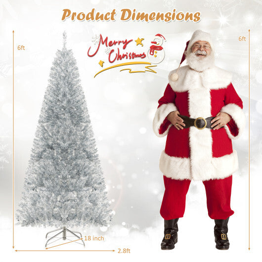 6/7 FT Pre-Lit Artificial Silver Tinsel Xmas Tree with 790 Branch Tips and 300 LED Lights-6 ft