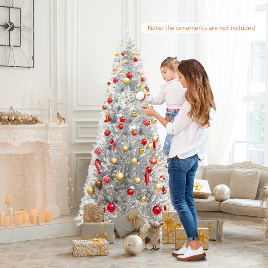6/7 FT Pre-Lit Artificial Silver Tinsel Xmas Tree with 790 Branch Tips and 300 LED Lights-6 ft