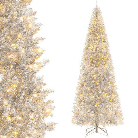6/7 FT Pre-Lit Artificial Silver Tinsel Xmas Tree with 790 Branch Tips and 300 LED Lights-6 ft