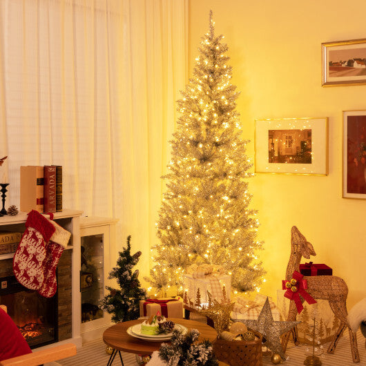 6/7 FT Pre-Lit Artificial Silver Tinsel Xmas Tree with 790 Branch Tips and 300 LED Lights-6 ft