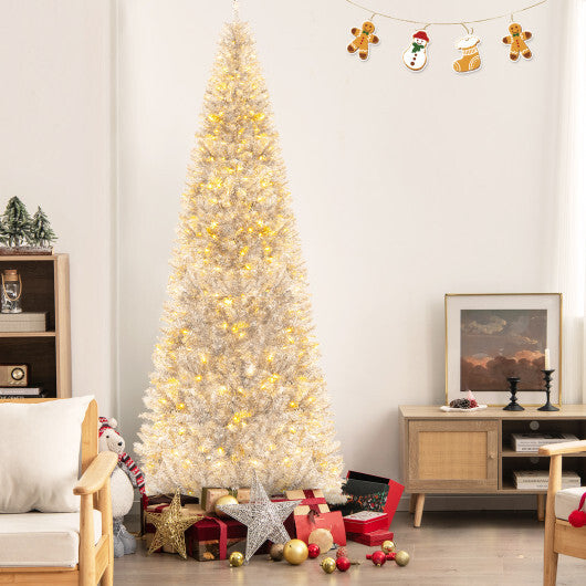 6/7 FT Pre-Lit Artificial Silver Tinsel Xmas Tree with 790 Branch Tips and 300 LED Lights-6 ft