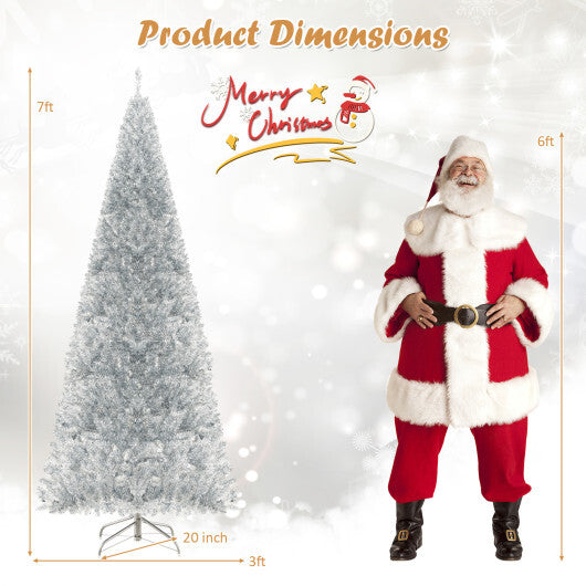 6/7 FT Pre-Lit Artificial Silver Tinsel Xmas Tree with 790 Branch Tips and 300 LED Lights-6 ft