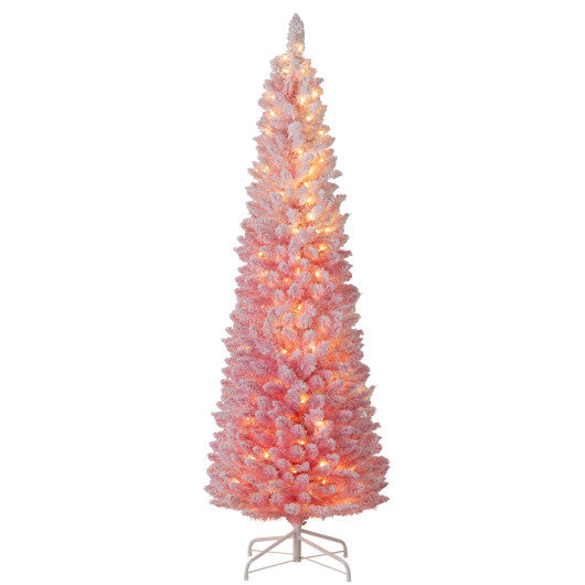 7 FTSnow-flocked Artificial Pink Christmas Tree Pre-lit Hinged Xmas Tree for Holiday Decoration