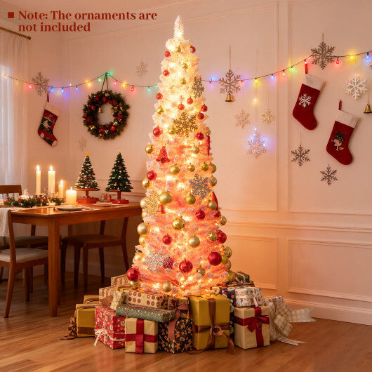 7 FTSnow-flocked Artificial Pink Christmas Tree Pre-lit Hinged Xmas Tree for Holiday Decoration