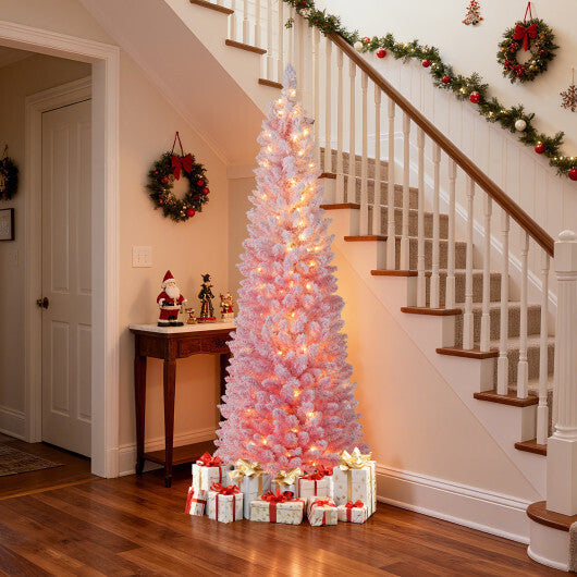 7 FTSnow-flocked Artificial Pink Christmas Tree Pre-lit Hinged Xmas Tree for Holiday Decoration