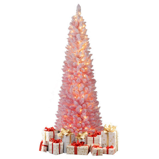 7 FTSnow-flocked Artificial Pink Christmas Tree Pre-lit Hinged Xmas Tree for Holiday Decoration