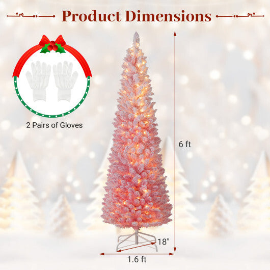 7 FTSnow-flocked Artificial Pink Christmas Tree Pre-lit Hinged Xmas Tree for Holiday Decoration