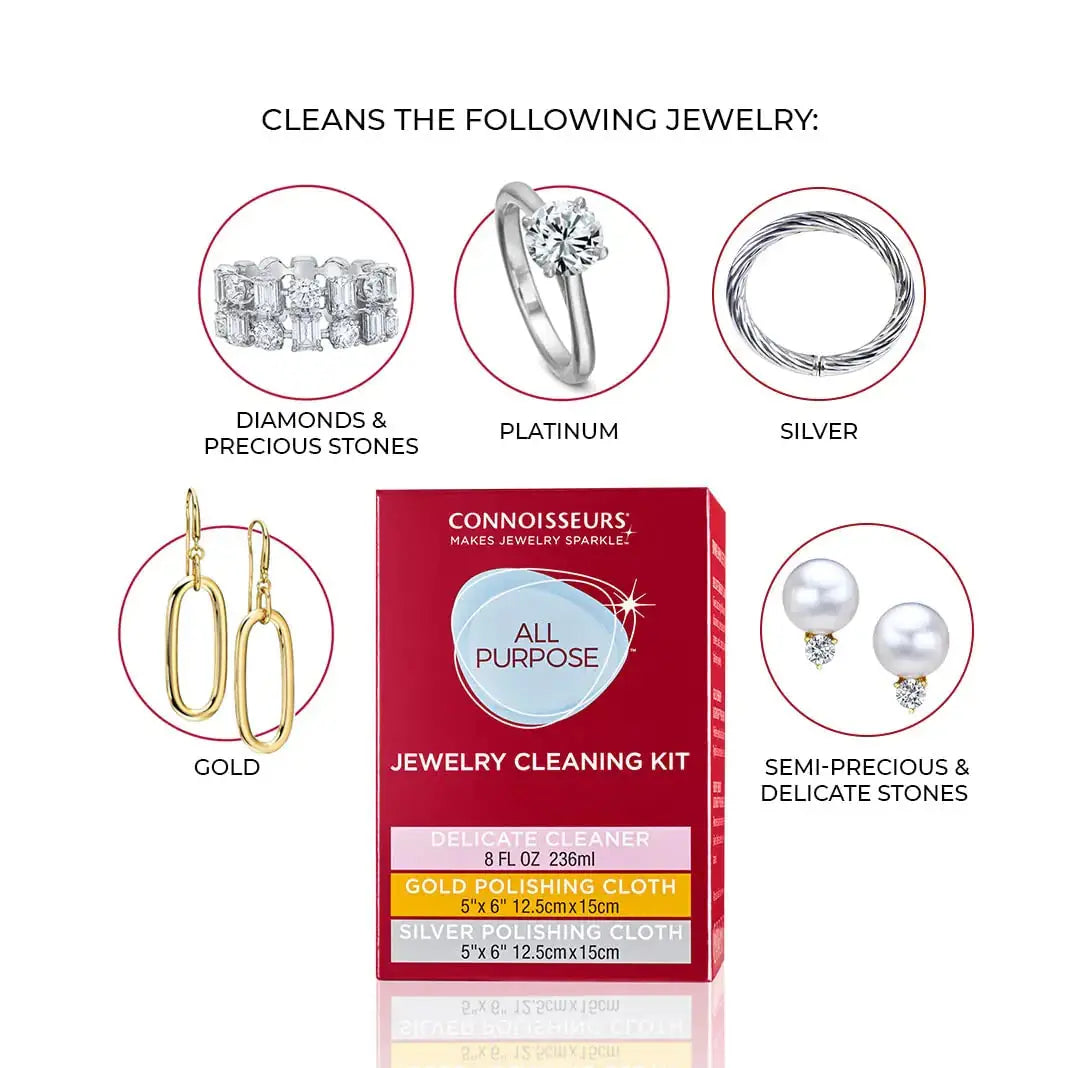 CONNOISSEURS All-Purpose Jewelry Cleaning Kit | Liquid Solution with Silver & Gold Jewelry Polishing Cloth