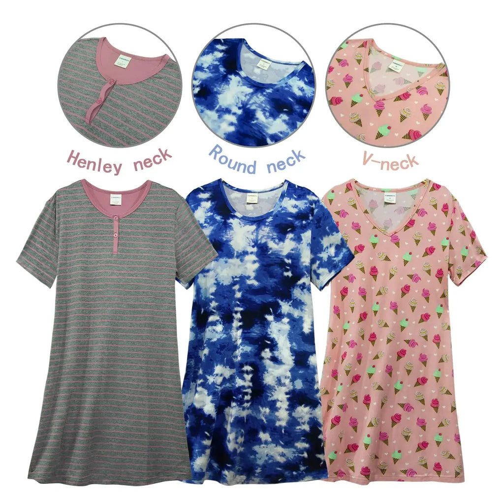CONOMAX 3 Pack Sleepshirts Women's Nightshirt - Short Sleeve Soft Nightgowns for Women