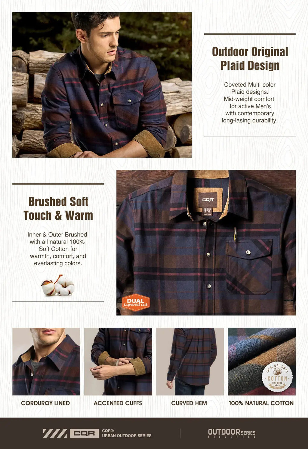 CQR Men's All Cotton Flannel Shirt - Long Sleeve Casual Button Up Plaid